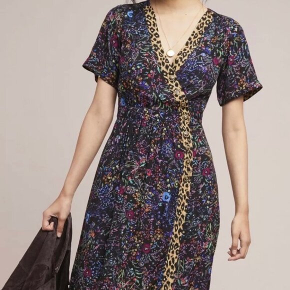 Anthropologie Maeve Womens Morgan Mixed Print SS Dress Size 2 V Neck - Picture 2 of 10